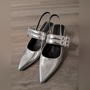 Anne Michelle| Silver Pointed-Toe Slingback Heels with Buckle Strap